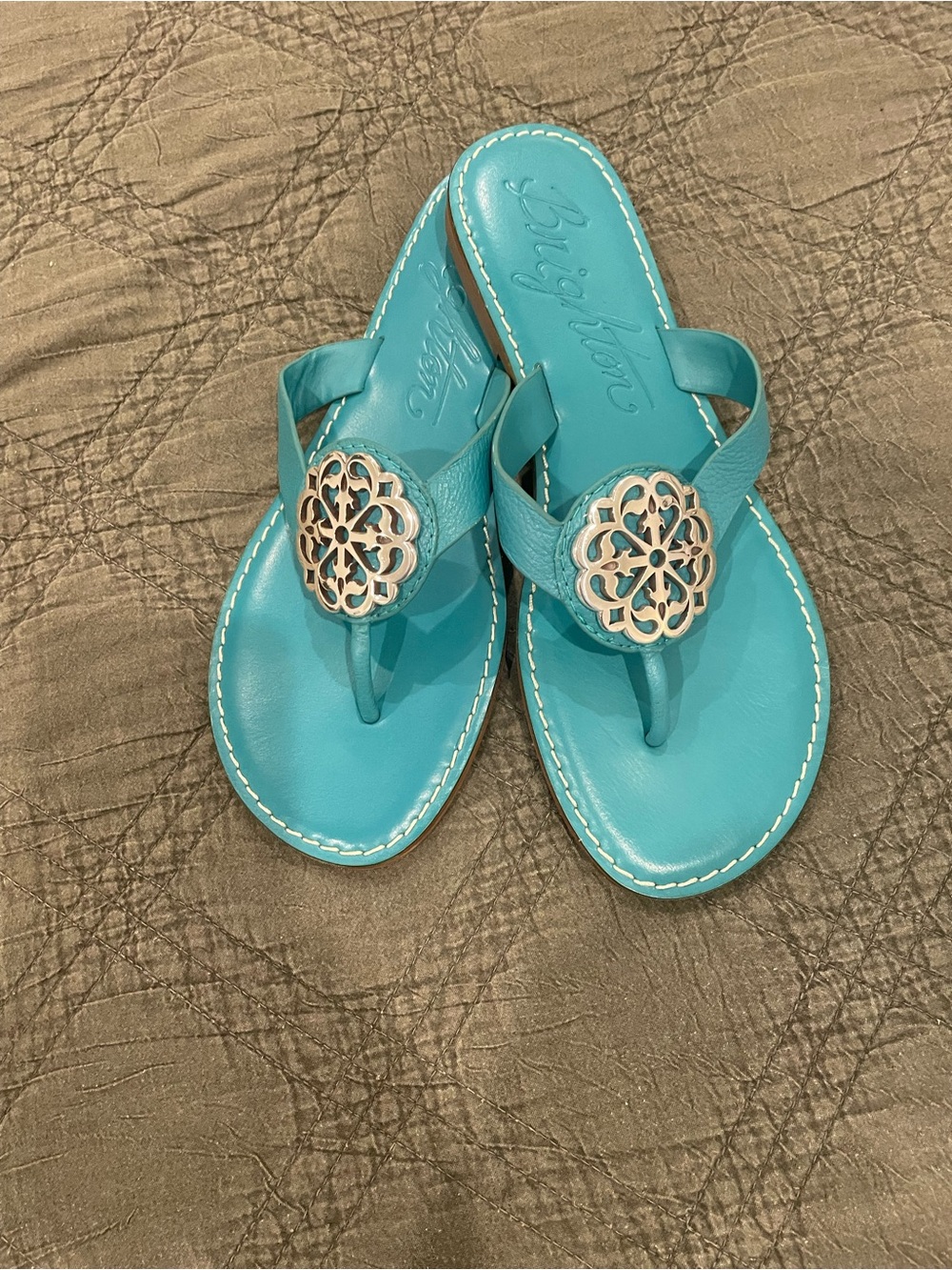 Brighton Turquoise Leather Thong Sandals with Silver Medallion
